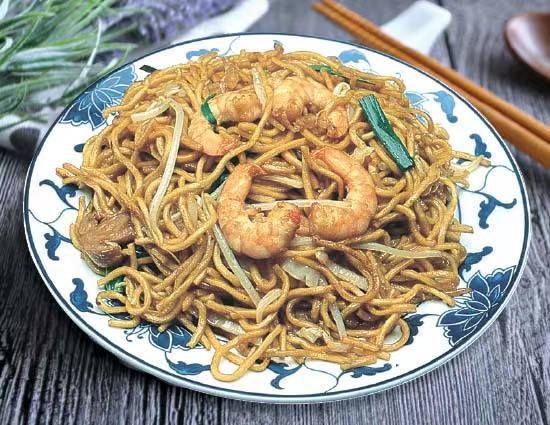 Stir-fried egg noodles with shrimp and vegetables at Lucky Garden, a Chinese Restaurant in Methuen